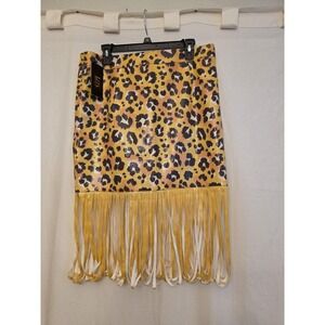 L&B Lucky & Blessed Skirt Womens XL Yellow Leopard Fringe Midi Stretch‎ Party